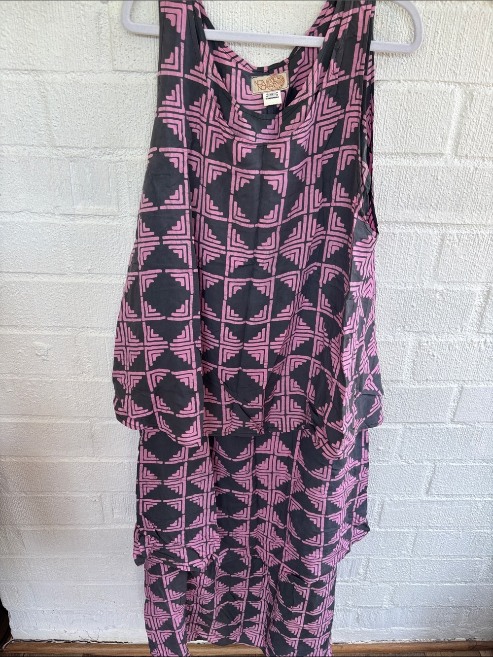 NOA NOA Tiered Maxi Black and Pink Geometric Handmade Maxi Dress sz XL